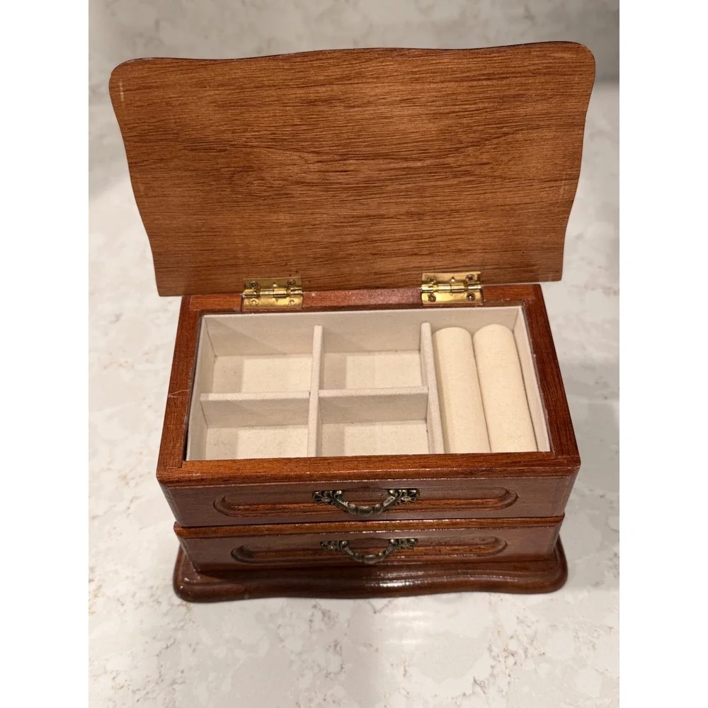 Small Wooden Jewelry Box with Drawer and Ring Inserts Warm Brown Finish Vintage